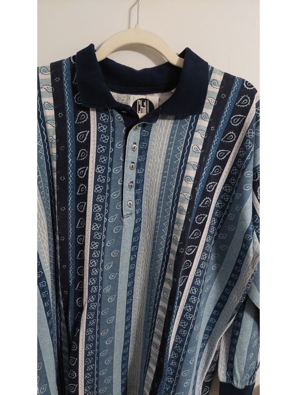 Chill Men's Medium Long Sleeve Cotton Polo Shirt Blue Patterned
